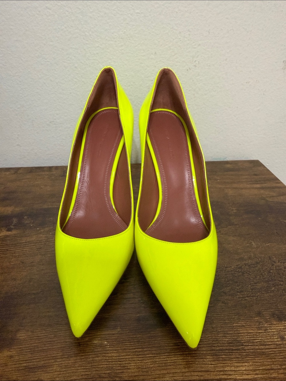 Amina Muaddi Neon Yellow Pointed Toe Pumps